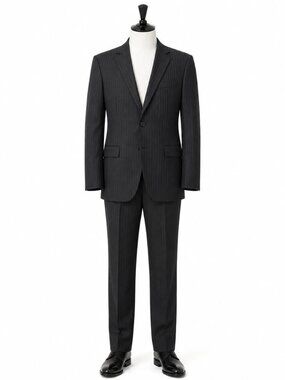 Bertolini Black Charcoal Pinstripe Suit 2 Piece Jacket Wool Silk 46R 40x32 EUC